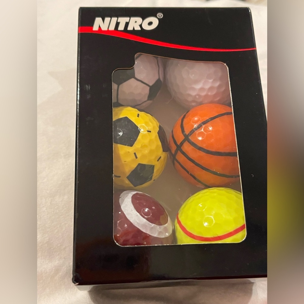 GOLF Nitro Novelty Golf Balls Sports Football Soccer, Basketball, Tennis 6 pack!